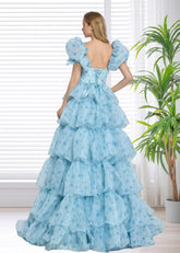 A Line Light Blue Floral Puff Sleeve Ruffle Maxi Formal Dress - Light Blue Floral - PromDressClub